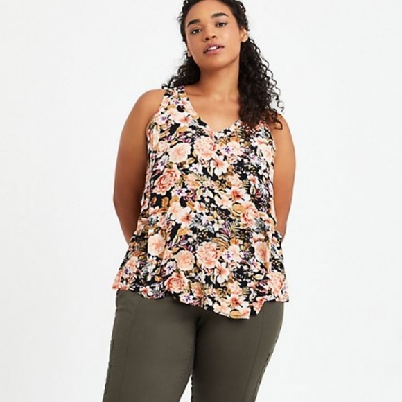torrid Tops - TANK TOP - CRINKLE GAUZE FLORAL BLACK